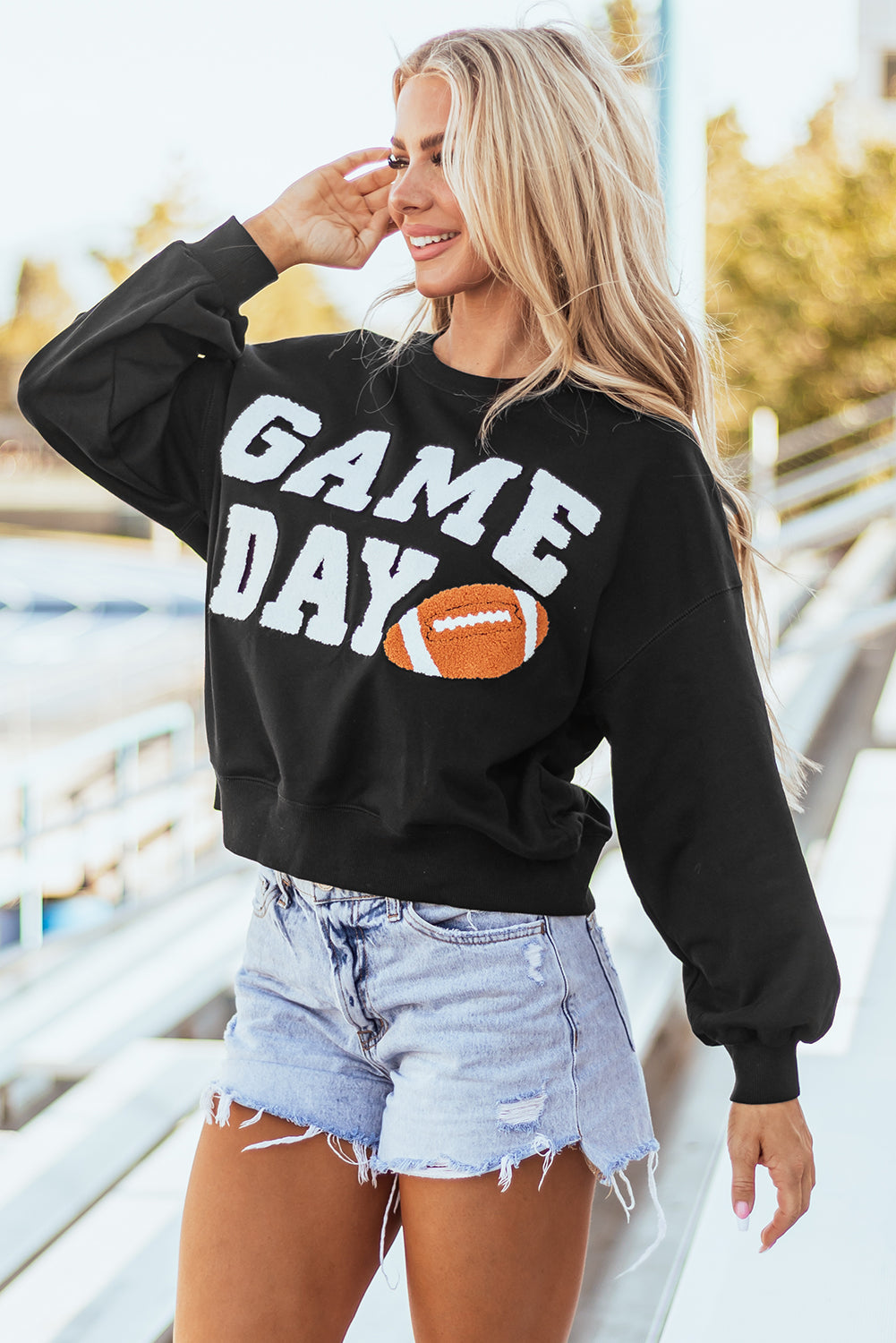 White GAME DAY Graphic Varsity Pullover Sweatshirt-Tops/Sweatshirts & Hoodies-[Adult]-[Female]-2022 Online Blue Zone Planet