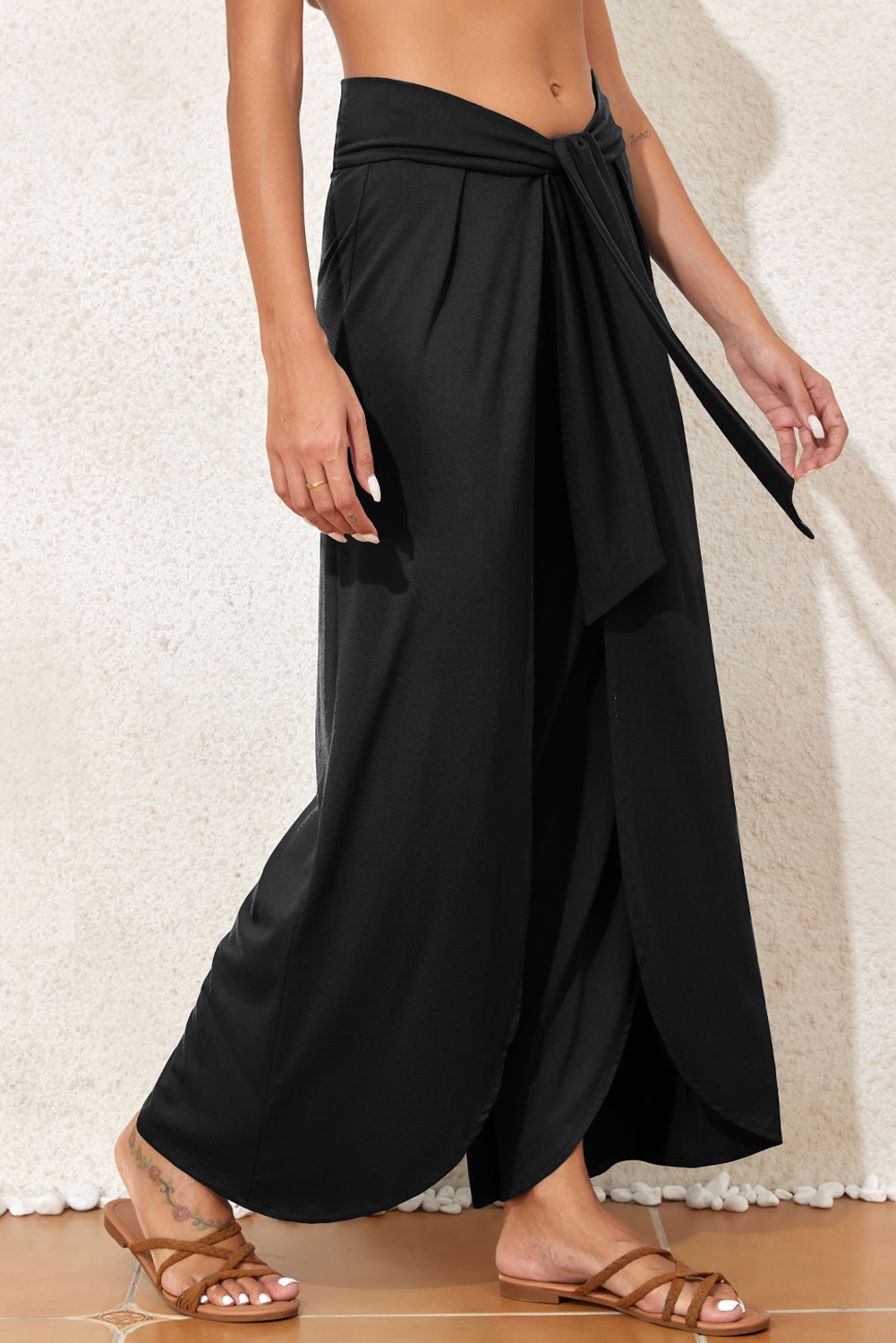 Black Knotted Drop Waist Split Leg Relaxed Pants-Bottoms/Pants & Culotte-[Adult]-[Female]-2022 Online Blue Zone Planet