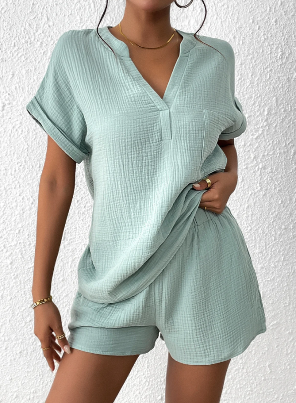 Blue Zone Planet | Women Plain V Neck Short Sleeve Comfy Top With Pants Two-Piece Set-TOPS / DRESSES-[Adult]-[Female]-Green-S-2022 Online Blue Zone Planet