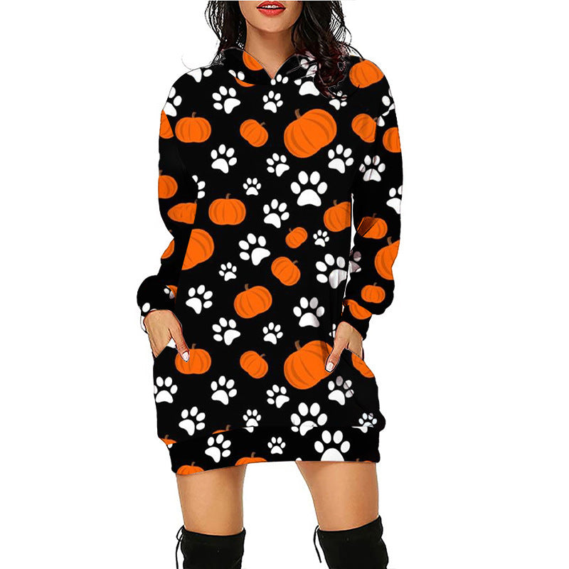 Blue Zone Planet | Women Halloween Pumpkin Print Hoodie Dress-TOPS / DRESSES-[Adult]-[Female]-Pattern2-S-2022 Online Blue Zone Planet