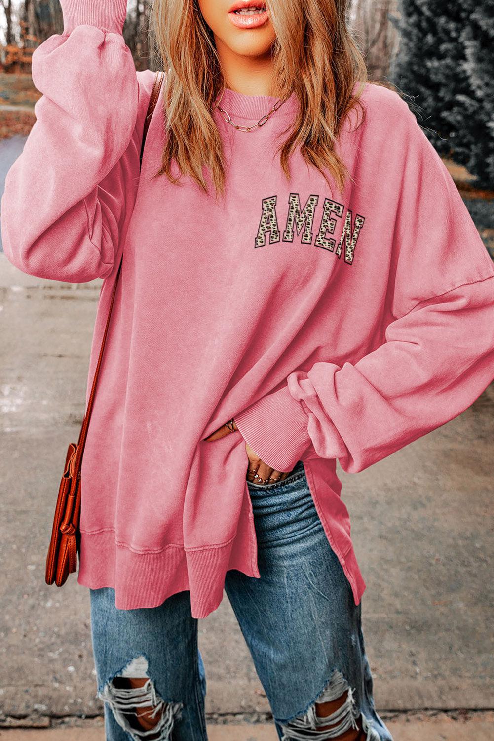 AMEN Graphic Dropped Shoulder Slit Sweatshirt BLUE ZONE PLANET