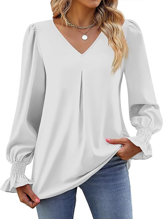 New solid color chiffon shirt V-neck pullover flared long-sleeved top shirt-[Adult]-[Female]-White-S-2022 Online Blue Zone Planet