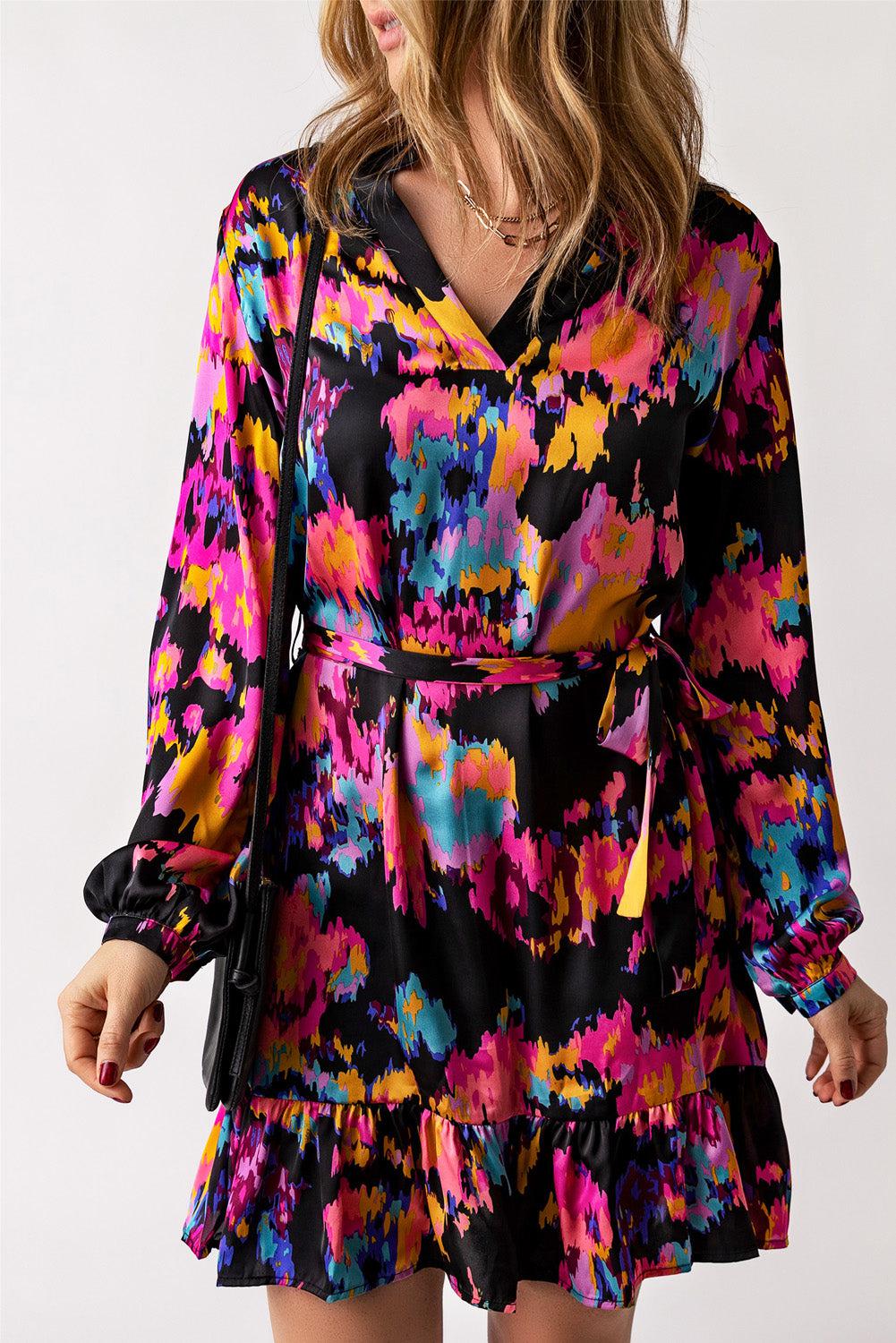 Abstract Print Belted Ruffle Hem Dress BLUE ZONE PLANET