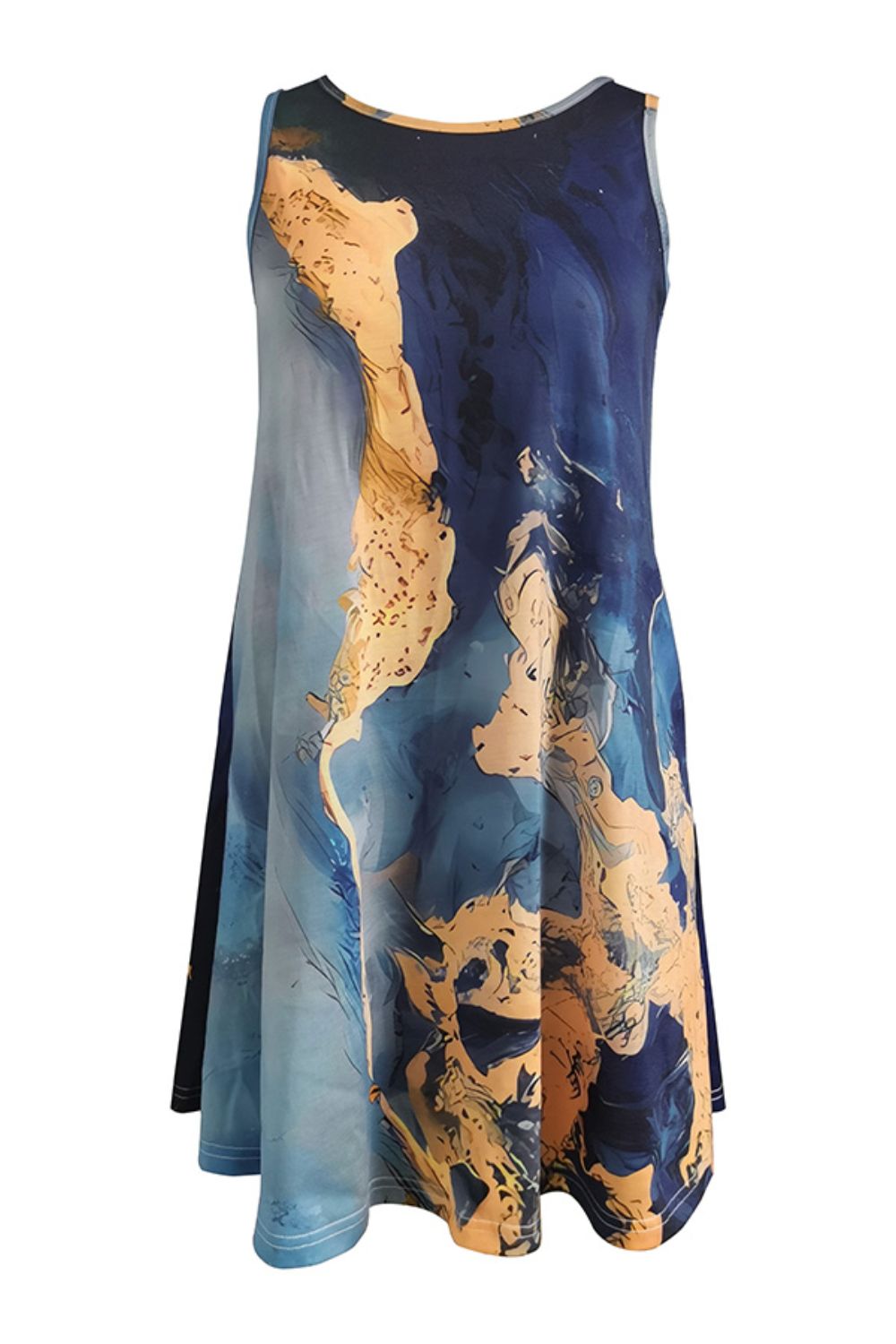 Abstract Print Round Neck Sleeveless Dress with Pockets BLUE ZONE PLANET