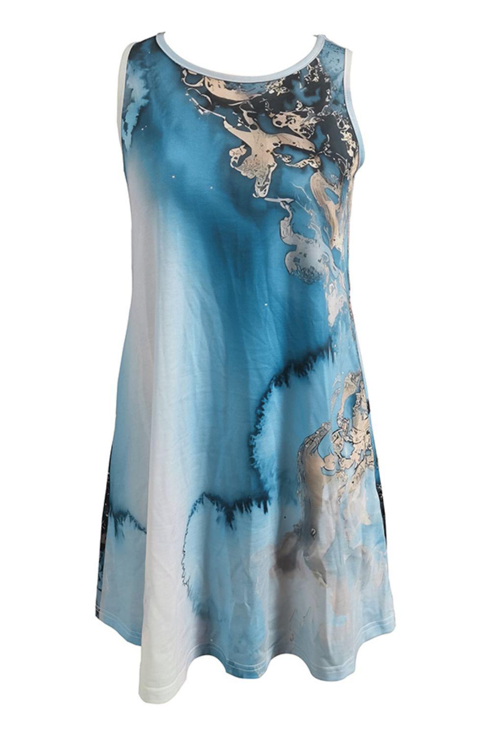 Abstract Print Round Neck Sleeveless Dress with Pockets BLUE ZONE PLANET