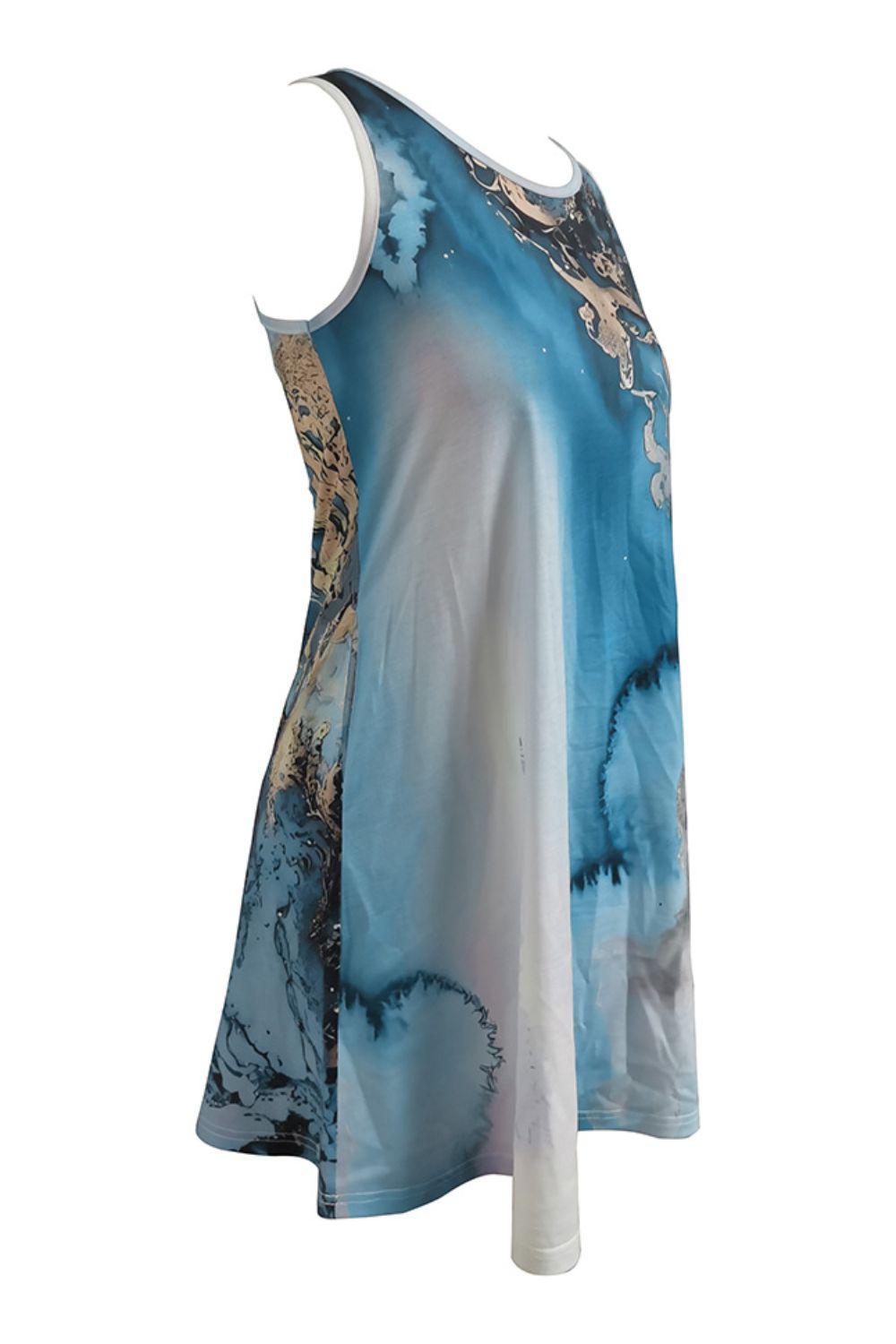 Abstract Print Round Neck Sleeveless Dress with Pockets BLUE ZONE PLANET