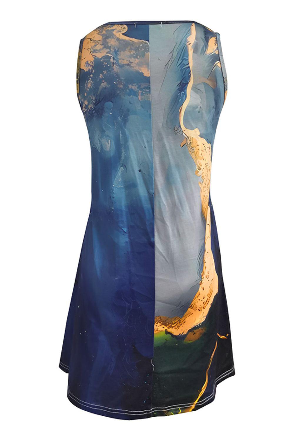 Abstract Print Round Neck Sleeveless Dress with Pockets BLUE ZONE PLANET