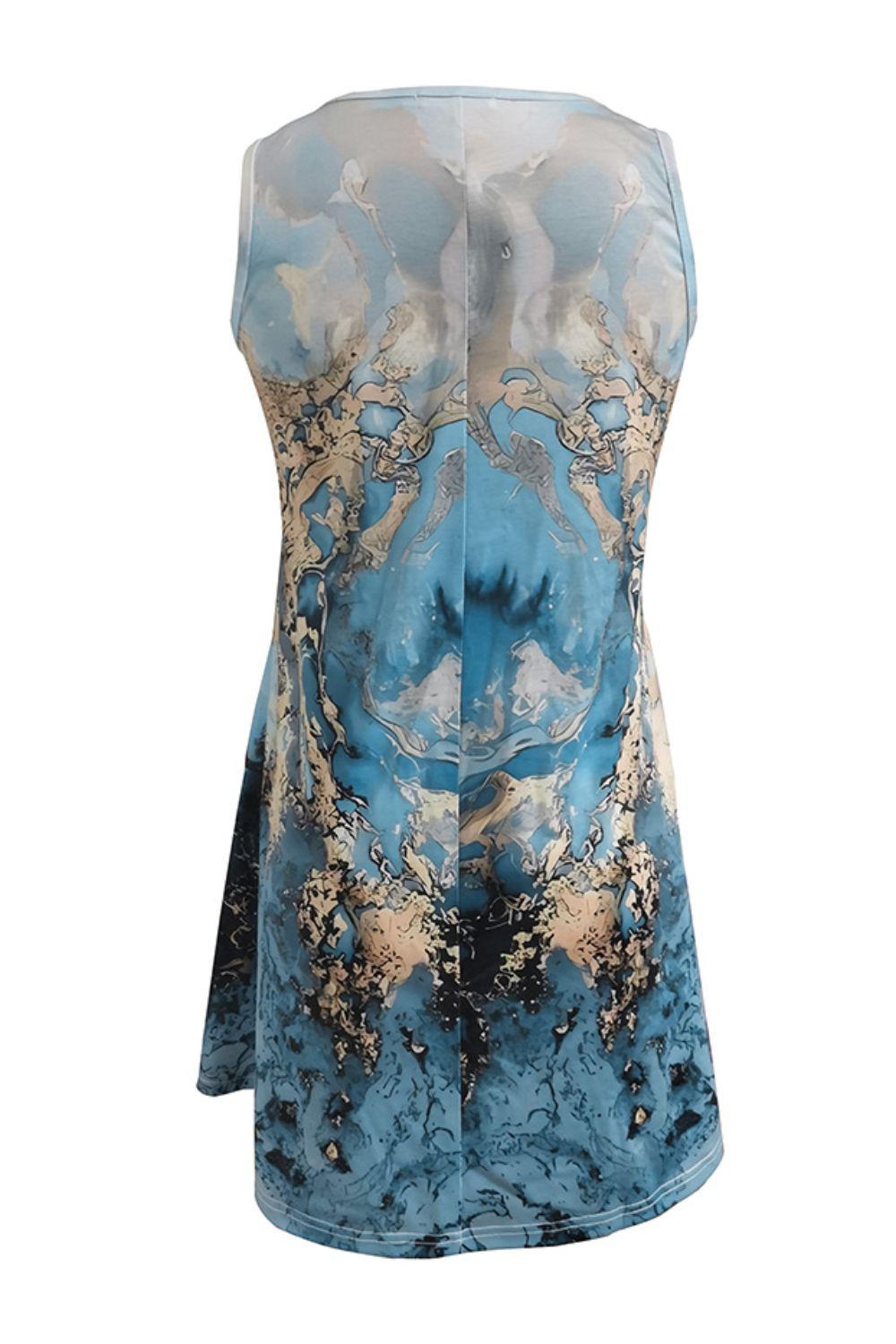 Abstract Print Round Neck Sleeveless Dress with Pockets BLUE ZONE PLANET