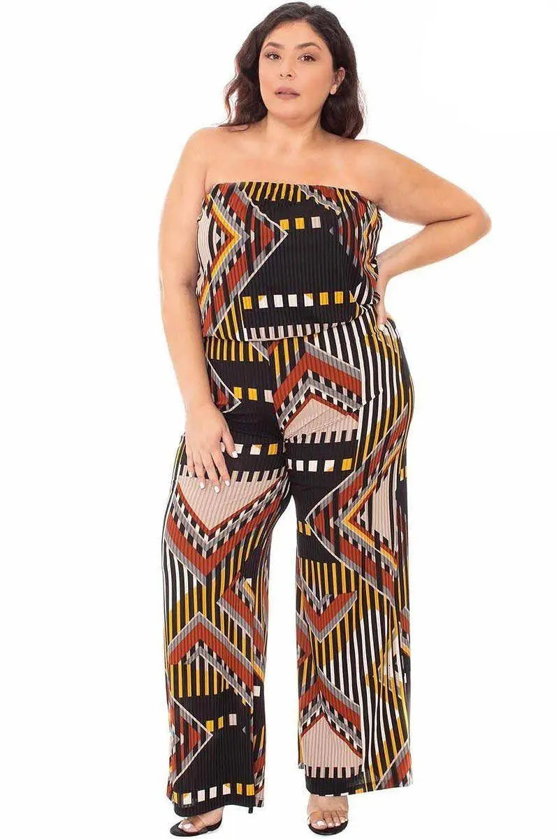 Abstract Print Tube Top Plus Size Jumpsuit Blue Zone Planet