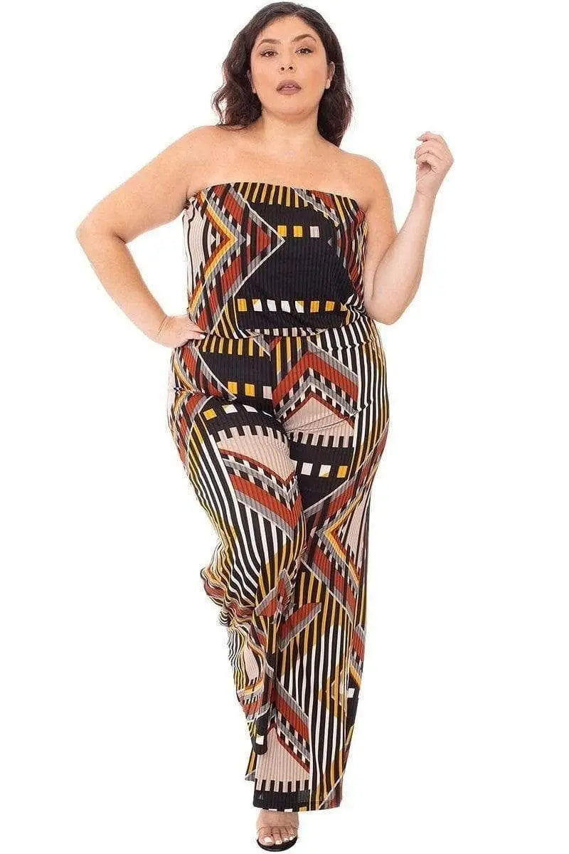 Abstract Print Tube Top Plus Size Jumpsuit Blue Zone Planet