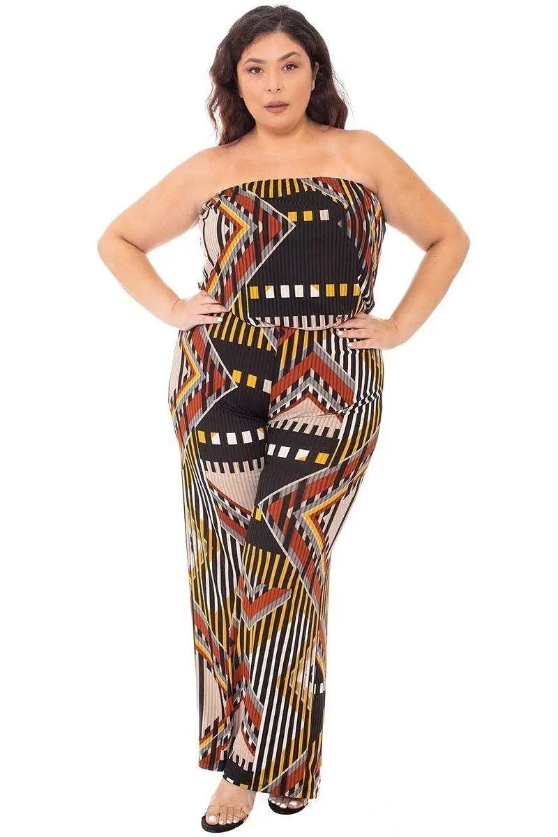 Abstract Print Tube Top Plus Size Jumpsuit Blue Zone Planet