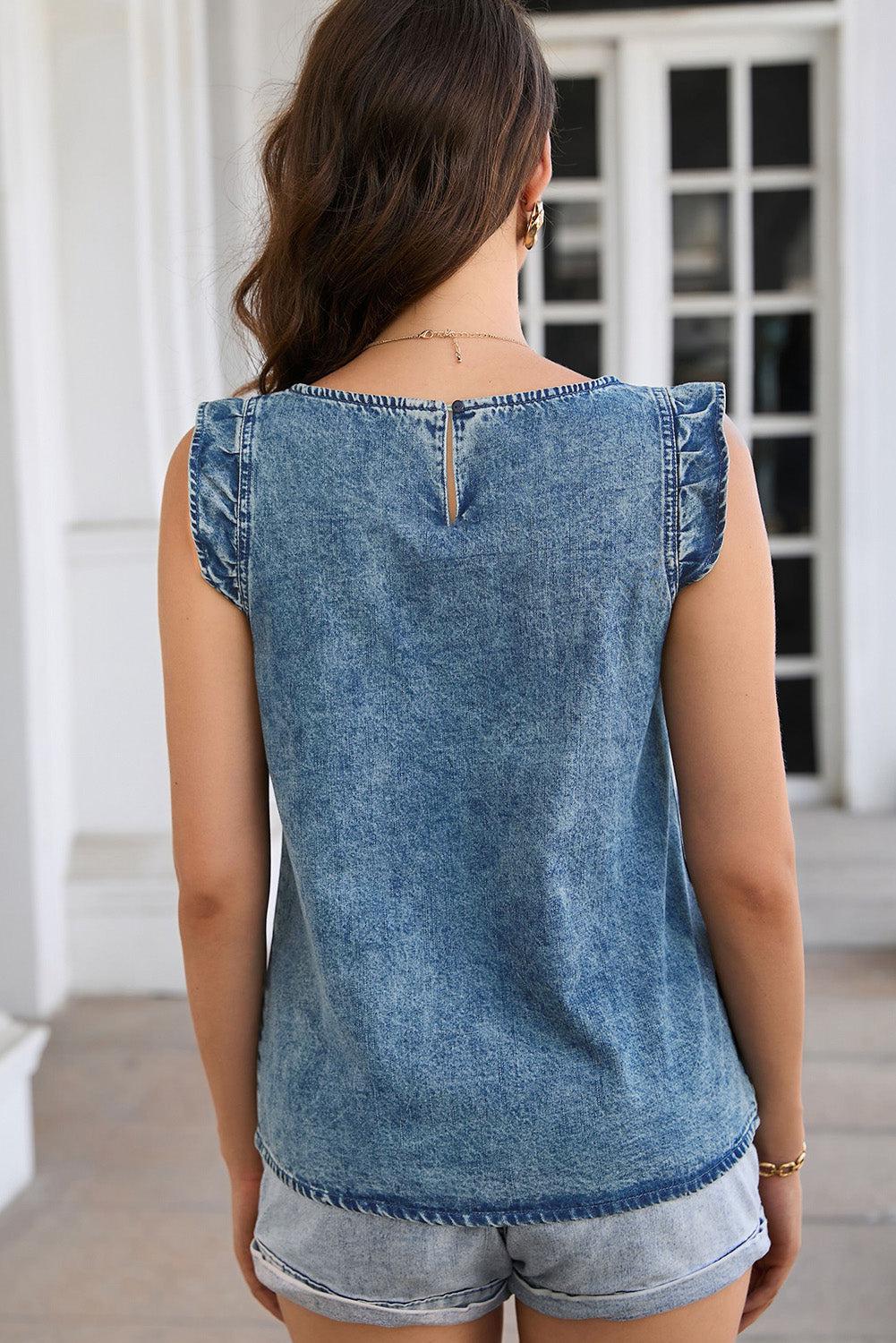 Acid Wash Round Neck Denim Tank BLUE ZONE PLANET