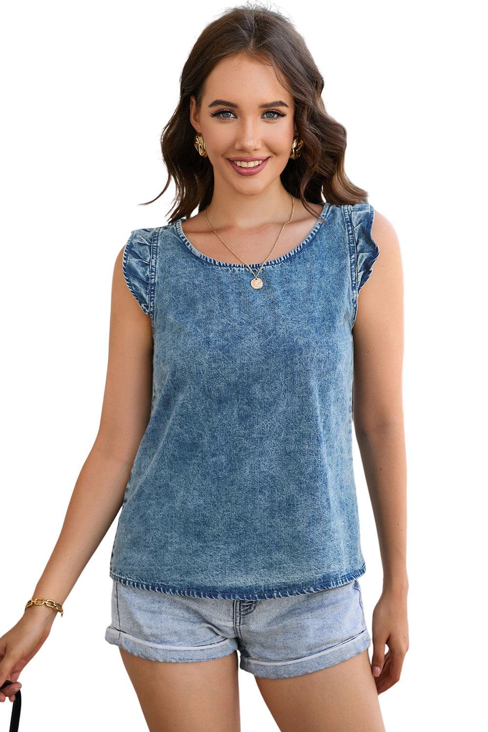 Acid Wash Round Neck Denim Tank BLUE ZONE PLANET