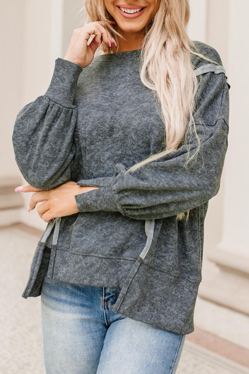 Acid Wash Round Neck Seam Detail Slit Sweatshirt BLUE ZONE PLANET