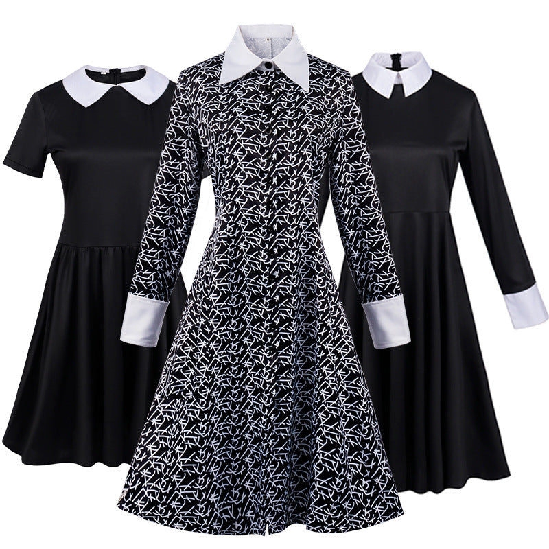 Addams family costume Halloween Wednesday Addams black dress print dress cosplay costume Hypersku