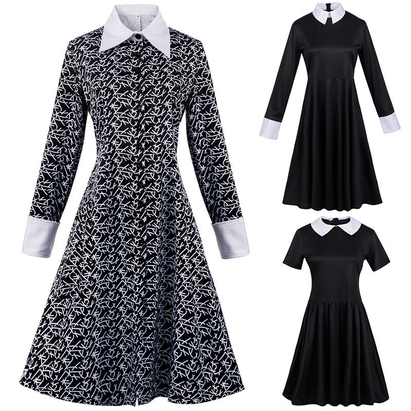 Addams family costume Halloween Wednesday Addams black dress print dress cosplay costume Hypersku