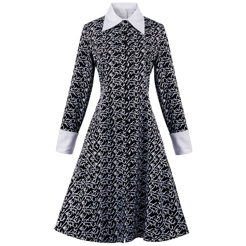 Addams family costume Halloween Wednesday Addams black dress print dress cosplay costume Hypersku