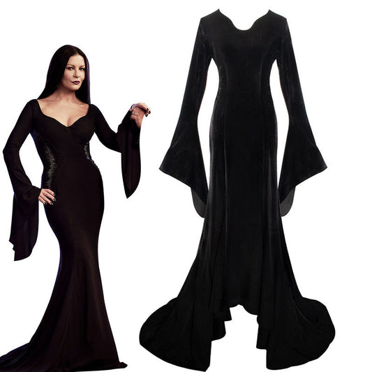 Addams family costume Halloween Wednesday Addams black dress print dress cosplay costume Hypersku