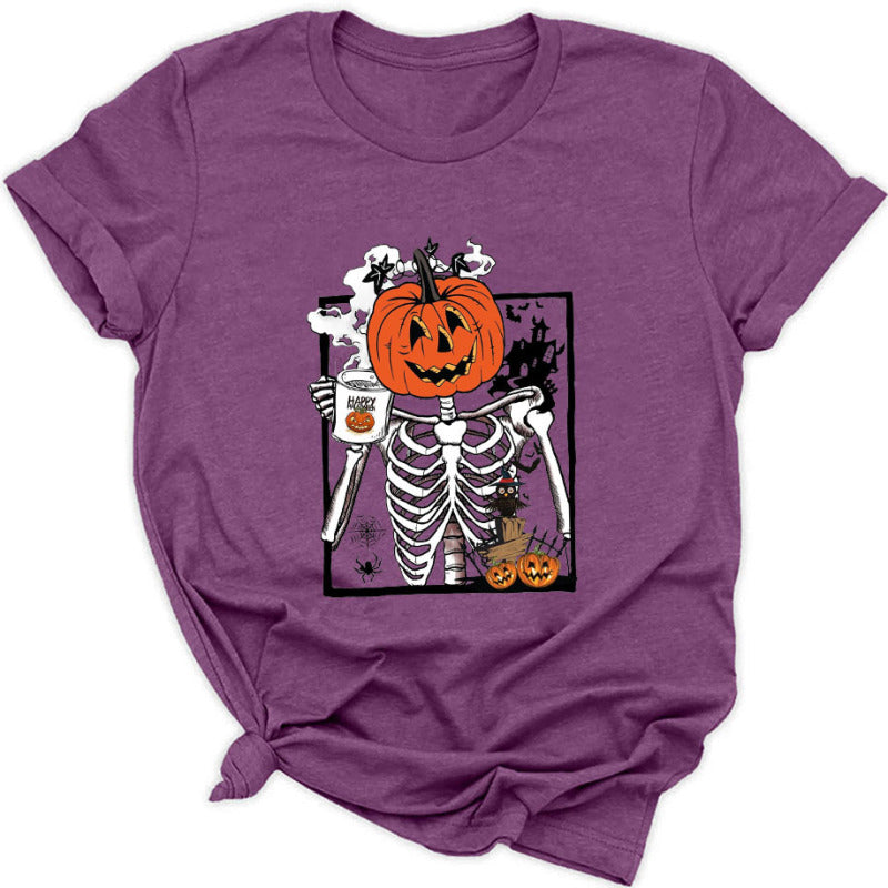 Blue Zone Planet | Women's Halloween Pumpkin Skeleton Graphic Tee-TOPS / DRESSES-[Adult]-[Female]-Purple-S-2022 Online Blue Zone Planet