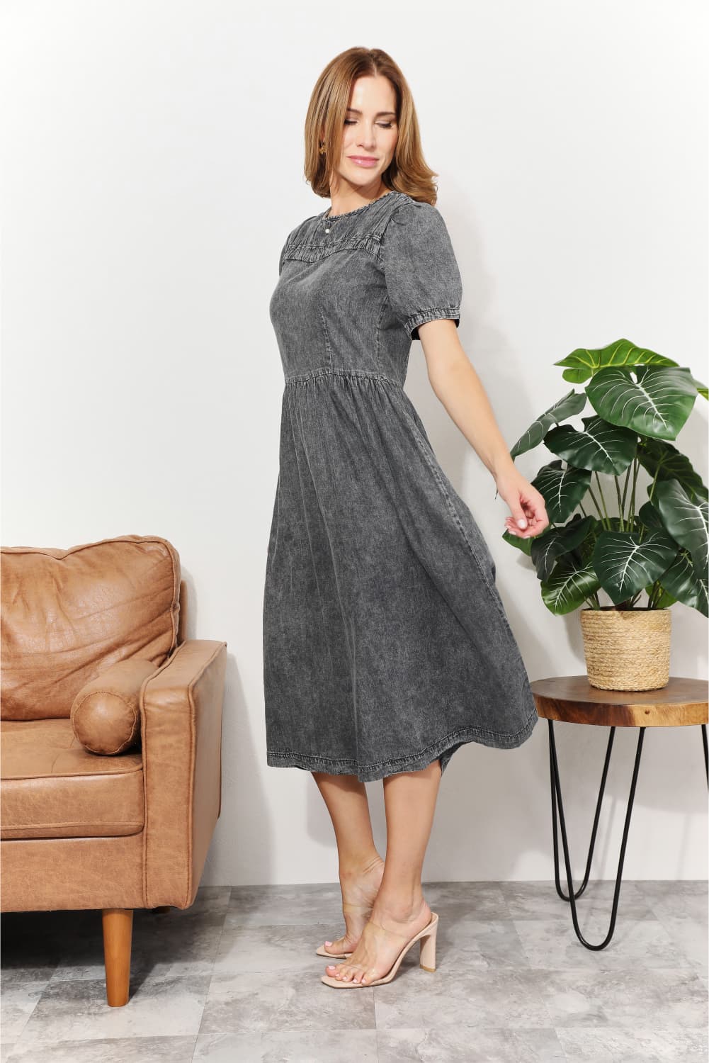 And The Why  Full Size Washed Chambray Midi Dress BLUE ZONE PLANET