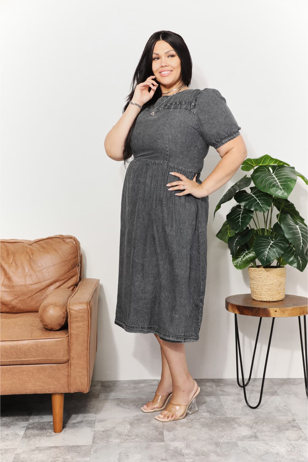 And The Why  Full Size Washed Chambray Midi Dress BLUE ZONE PLANET