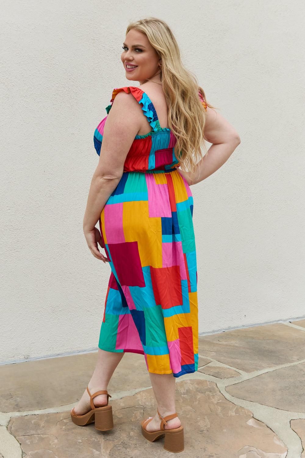 And The Why Multicolored Square Print Summer Midi A-Line Dress BLUE ZONE PLANET