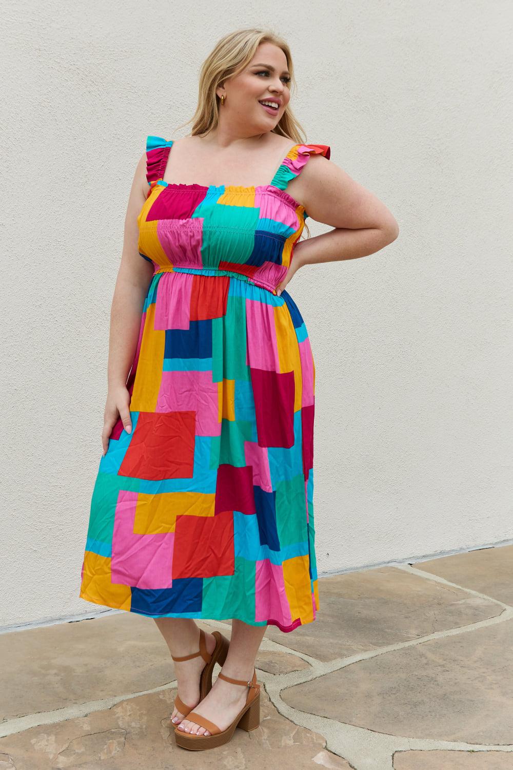 And The Why Multicolored Square Print Summer Midi A-Line Dress BLUE ZONE PLANET