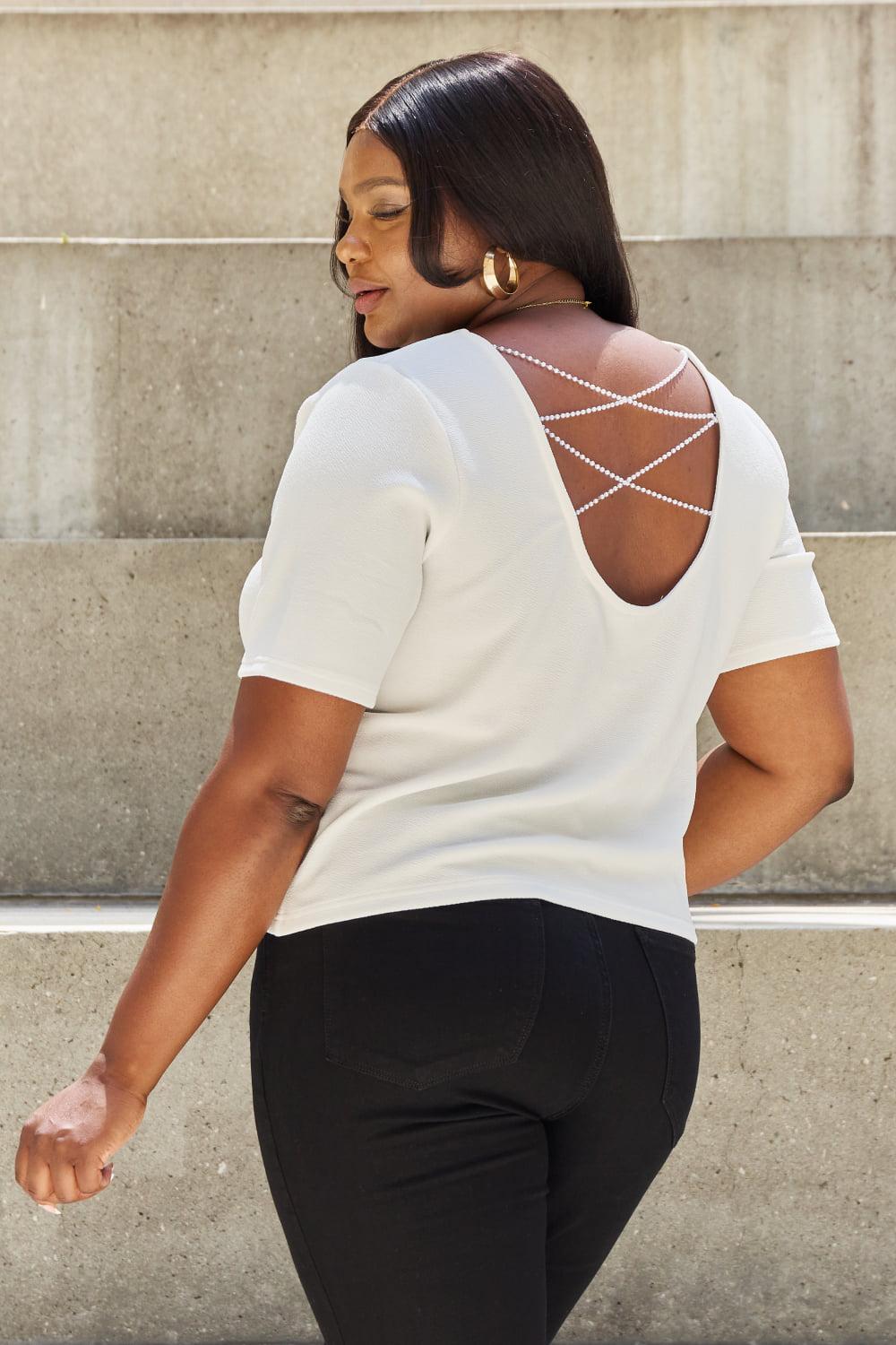 And The Why Pearly White Full Size Criss Cross Pearl Detail Open Back T-Shirt BLUE ZONE PLANET