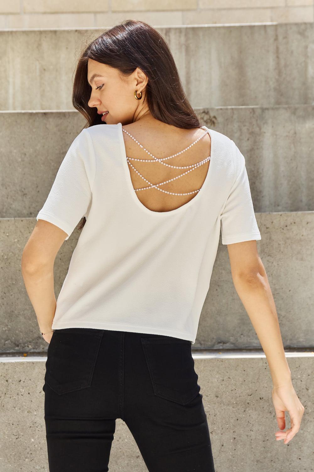 And The Why Pearly White Full Size Criss Cross Pearl Detail Open Back T-Shirt BLUE ZONE PLANET