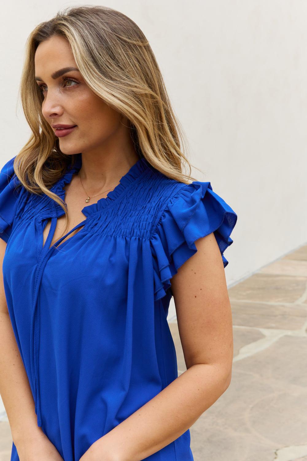 And The Why Ruffle Sleeve Smocked Detail Mini Dress BLUE ZONE PLANET