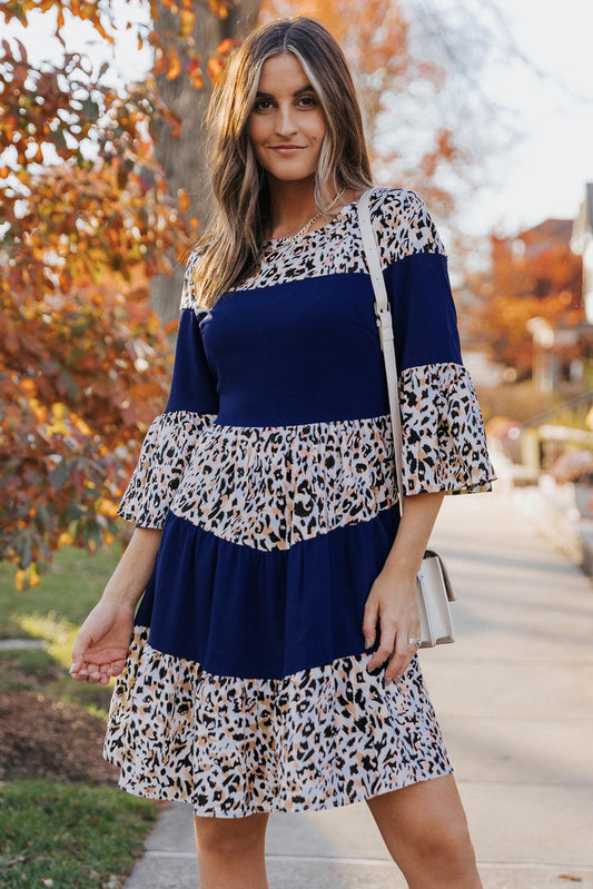 Animal Print Color Block Flare Sleeve A-Line Dress BLUE ZONE PLANET