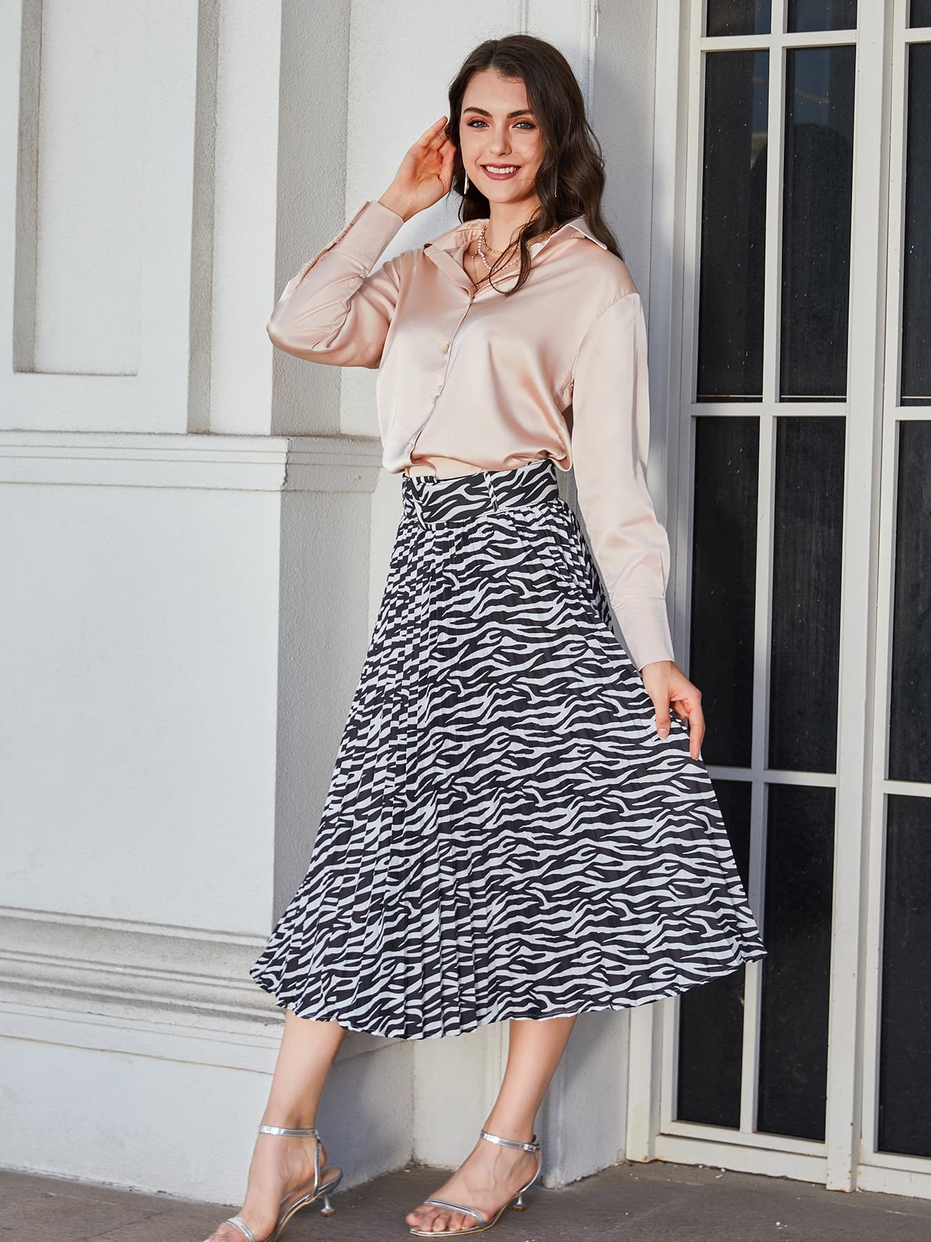 White leopard print 2025 pleated skirt midi dress