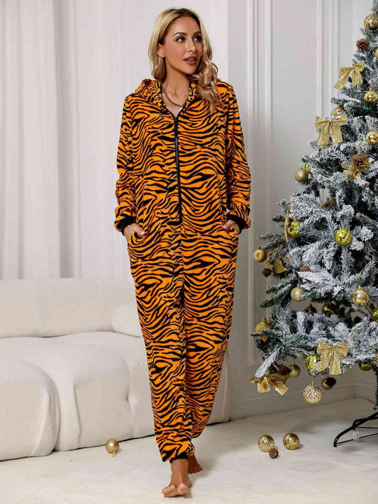 Animal Print  Zip Front Lounge Jumpsuit with Pockets BLUE ZONE PLANET