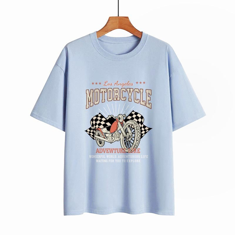 Blue Zone Planet | Street Retro Motorcycle Letter Print Collarless Loose T-Shirt BLUE ZONE PLANET