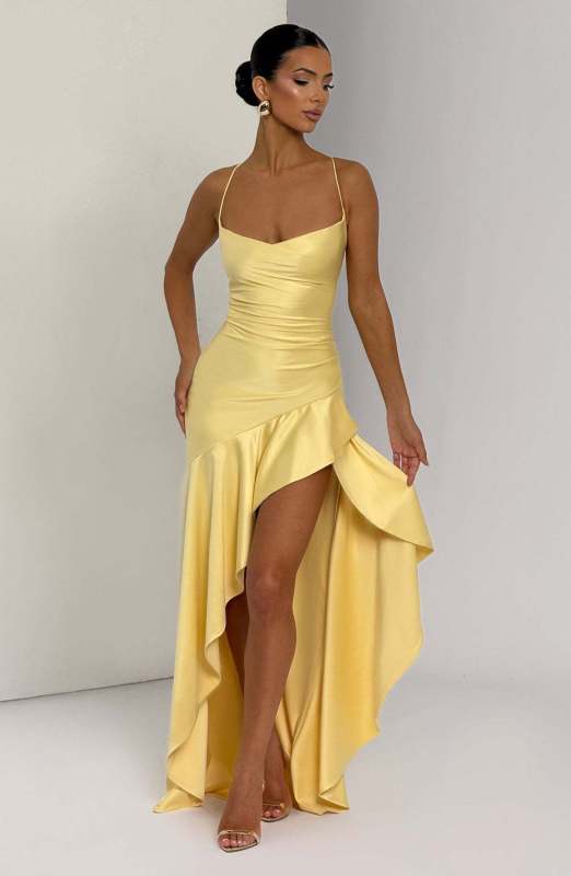 Sexy halter dress with ruffled, irregular hem.-[Adult]-[Female]-Yellow-S-2022 Online Blue Zone Planet