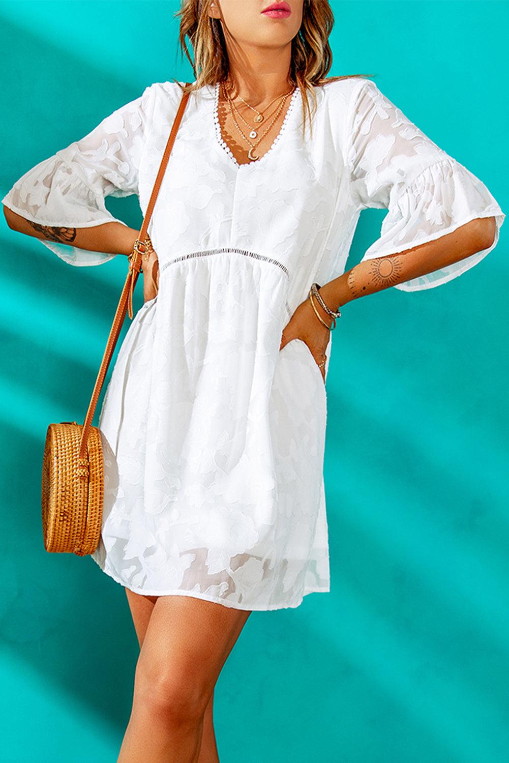 Applique V-Neck Flounce Sleeve Mini Dress - We love to pair them with our Tops BLUE ZONE PLANET