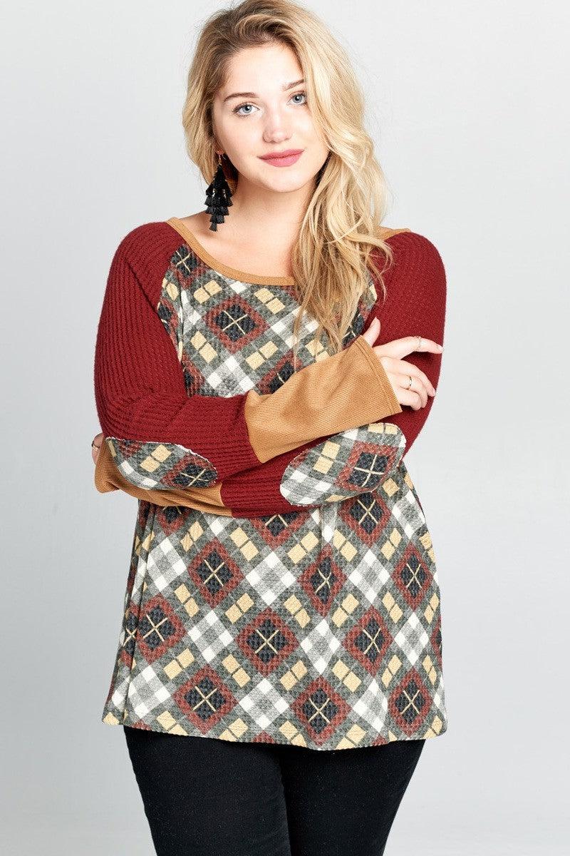 Argyle Printed Waffle Knit Sweater Top-TOPS / DRESSES-[Adult]-[Female]-Blue Zone Planet