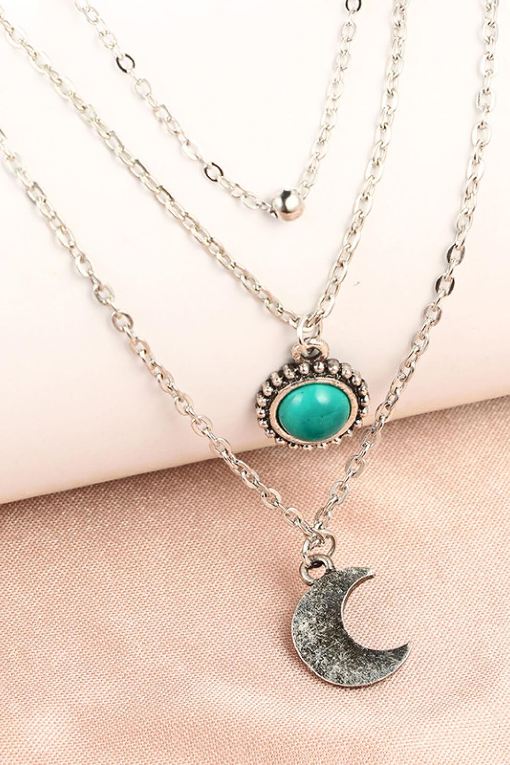 Artificial Turquoise Moon Pendant Layered Necklace BLUE ZONE PLANET
