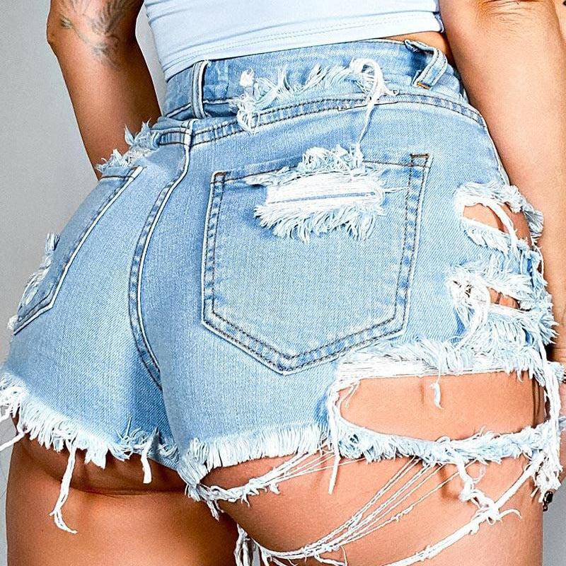 Asymmetrical Distressed Denim Shorts BLUE ZONE PLANET