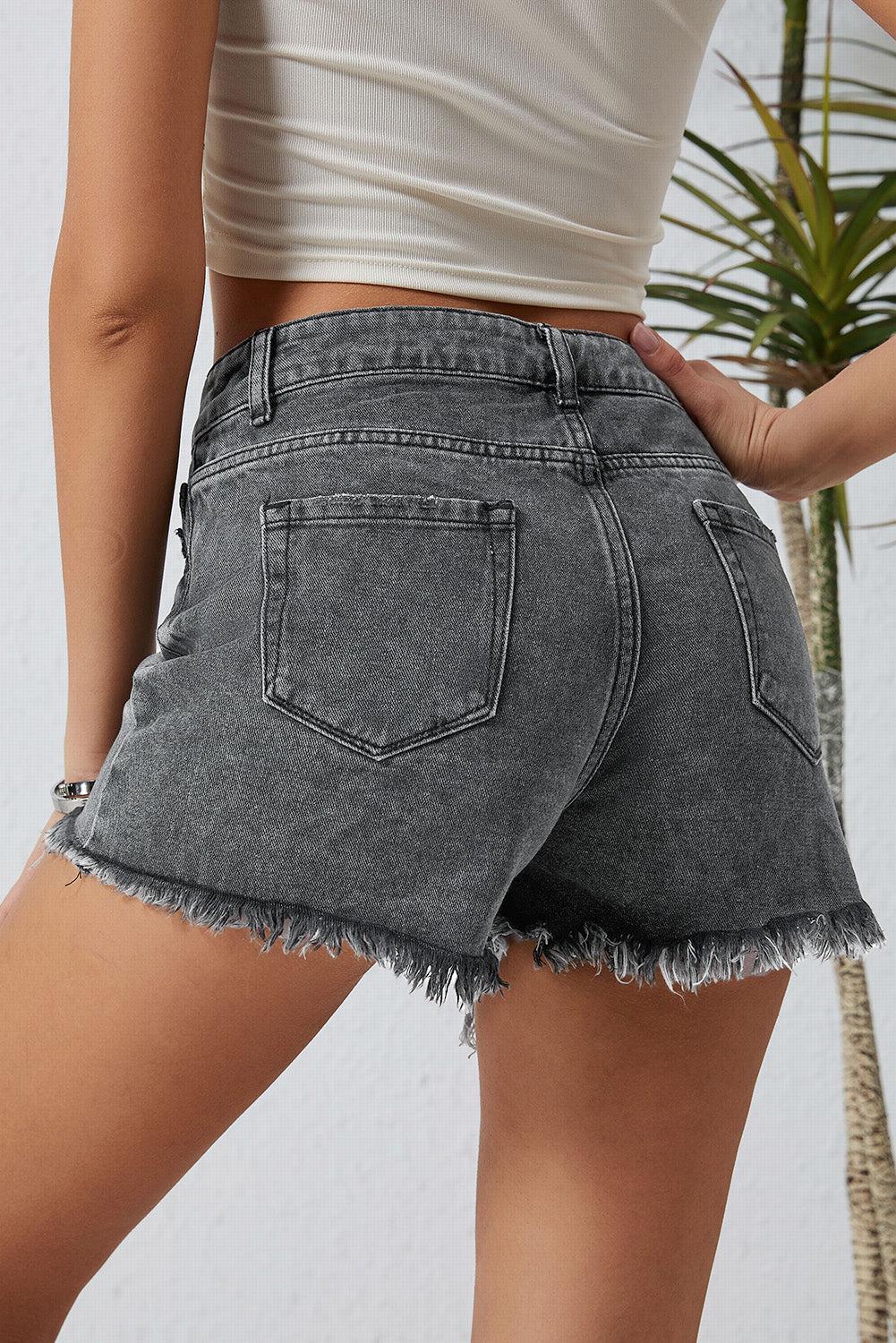 Asymmetrical Distressed Denim Shorts BLUE ZONE PLANET