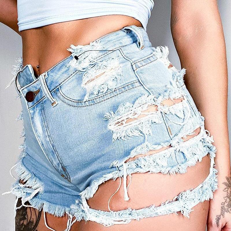 Asymmetrical Distressed Denim Shorts BLUE ZONE PLANET