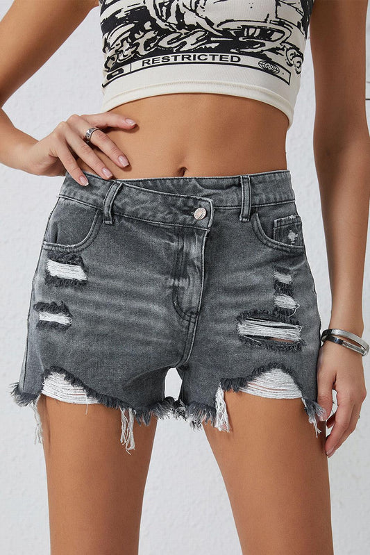 Asymmetrical Distressed Denim Shorts BLUE ZONE PLANET