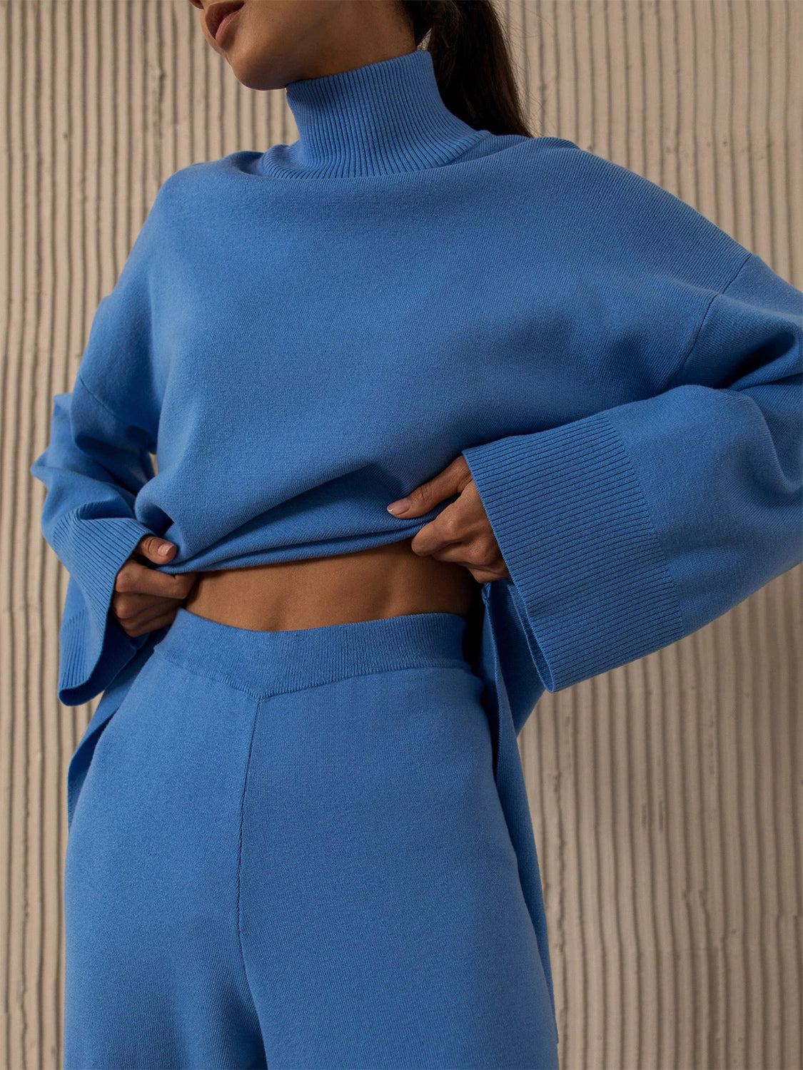 Asymmetrical Hem Knit Top and Pants Set BLUE ZONE PLANET