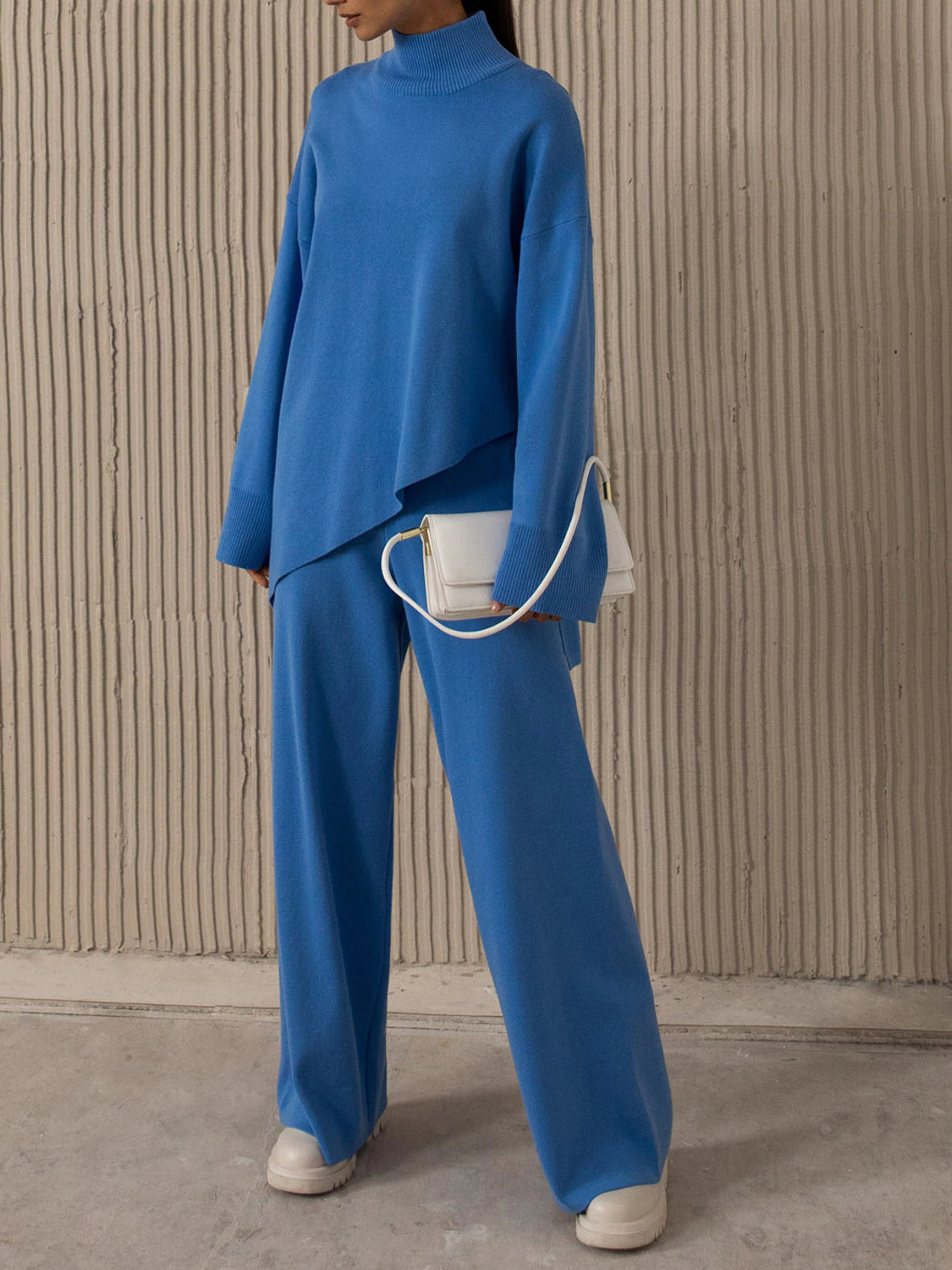 Asymmetrical Hem Knit Top and Pants Set BLUE ZONE PLANET