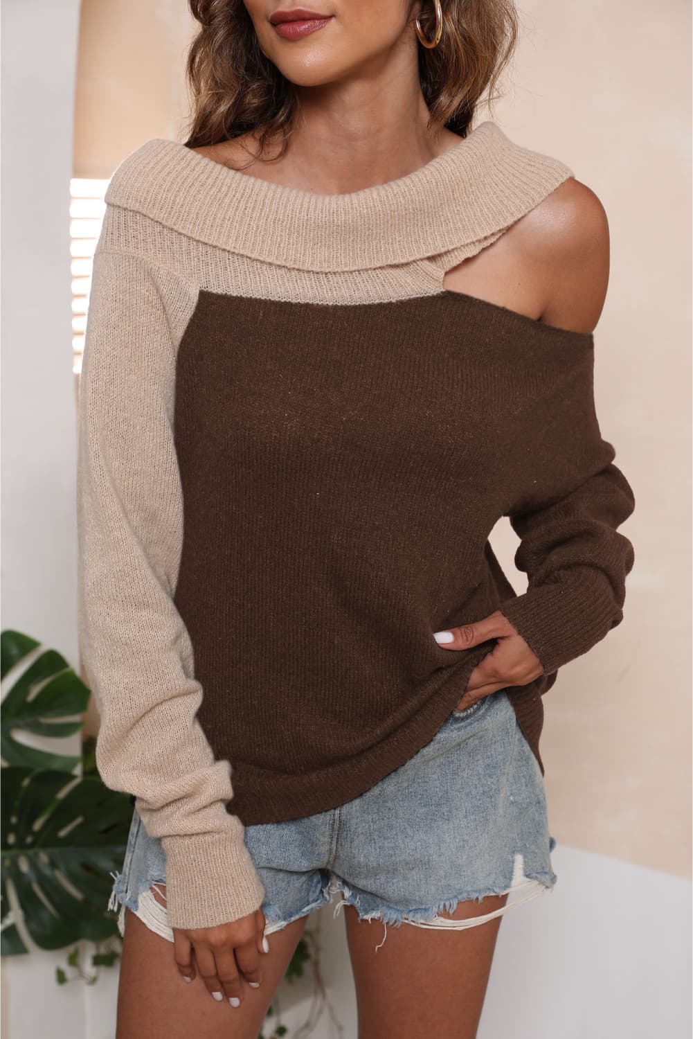 Asymmetrical Long Sleeve Two-Tone Cutout Sweater BLUE ZONE PLANET