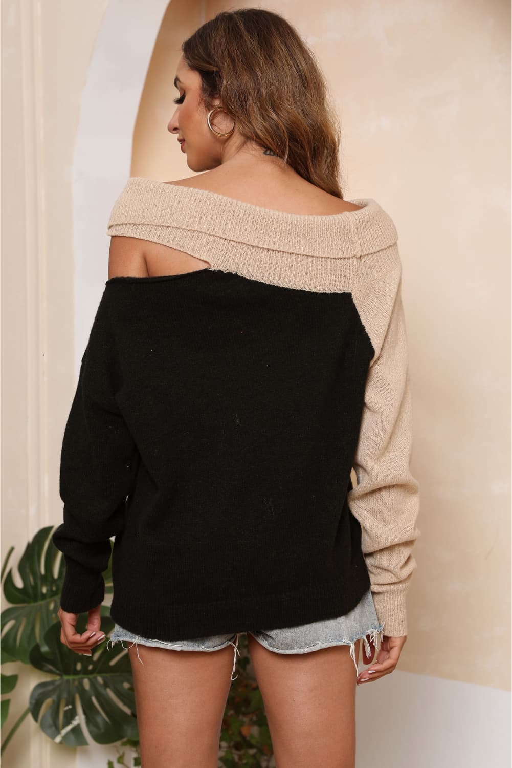 Asymmetrical Long Sleeve Two-Tone Cutout Sweater BLUE ZONE PLANET