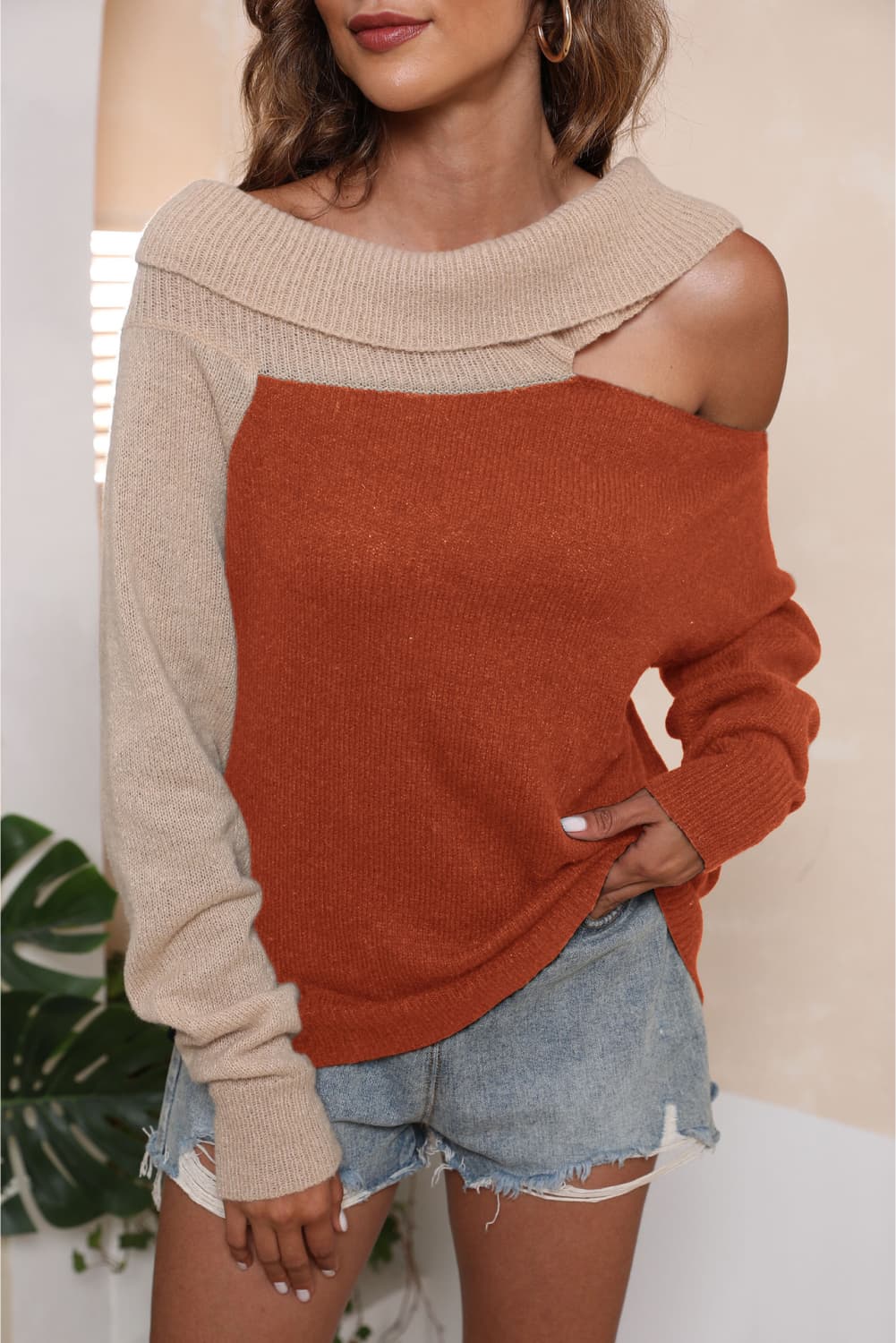 Asymmetrical Long Sleeve Two-Tone Cutout Sweater BLUE ZONE PLANET