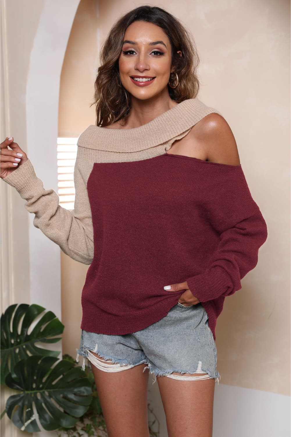 Asymmetrical Long Sleeve Two-Tone Cutout Sweater BLUE ZONE PLANET