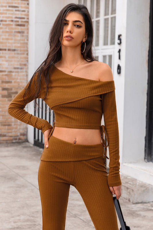 Asymmetrical Neck Ribbed Crop Top-TOPS / DRESSES-[Adult]-[Female]-Chestnut-S-2022 Online Blue Zone Planet