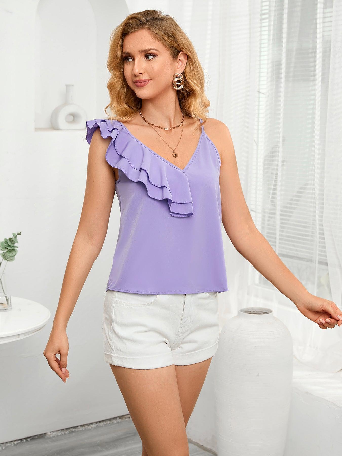 Asymmetrical Neck Ruffled Cami BLUE ZONE PLANET